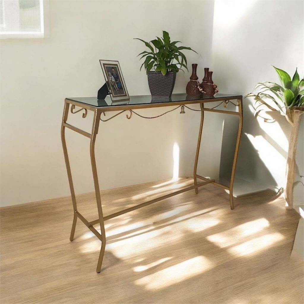 Aparador Decorativo Ferro Dourado 1 Metro Largura Com Vidro Dourado