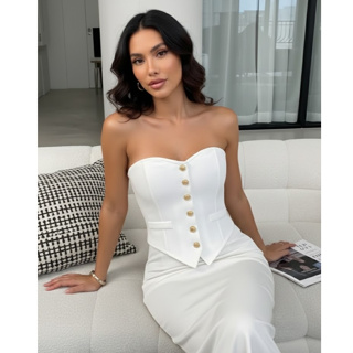 TOP CORPETE FEMININO ALFAIATARIA SEM ALÇA COM BOTÕES DOURADOS MODA ELEGANTE em Oferta na Shopee