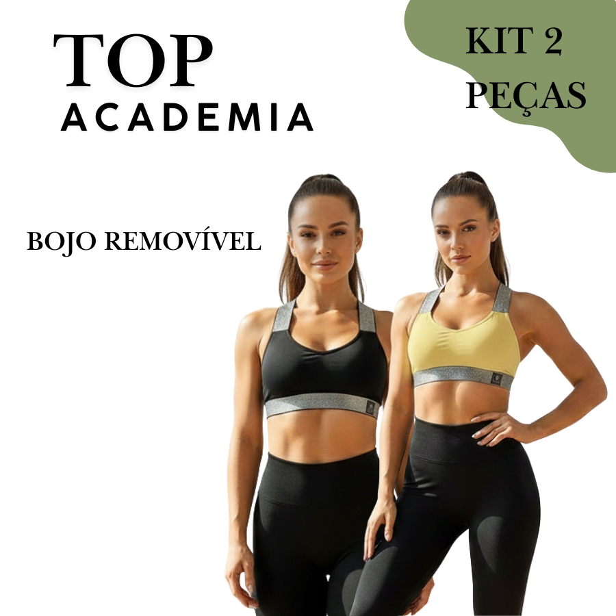 Top Feminino Academia com Bojo Removível Poliamida Elástico Exposto Confortável Fitness KIT 2 PEÇAS