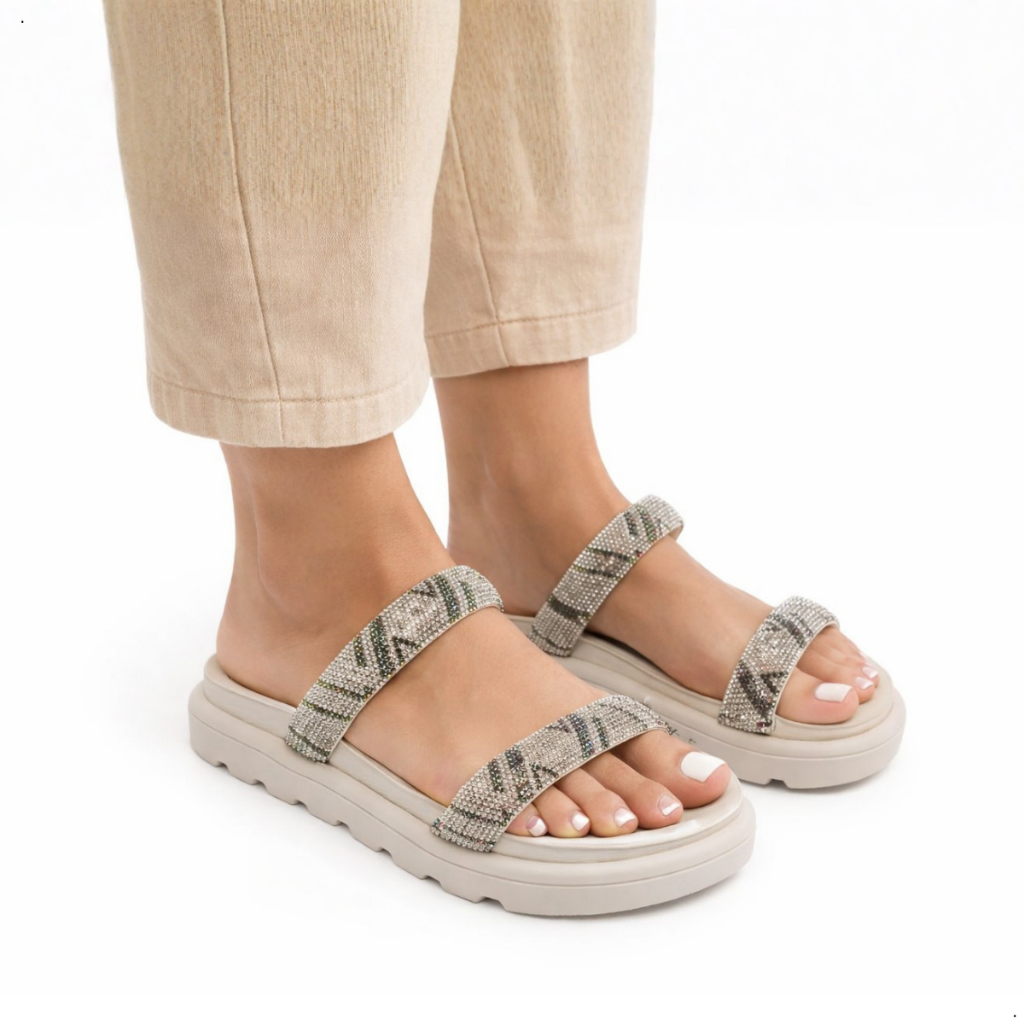 Sandália Papete Vizzano Feminina Tiras Strass Flatform Tratorada Tendência Moda Branco Off Original
