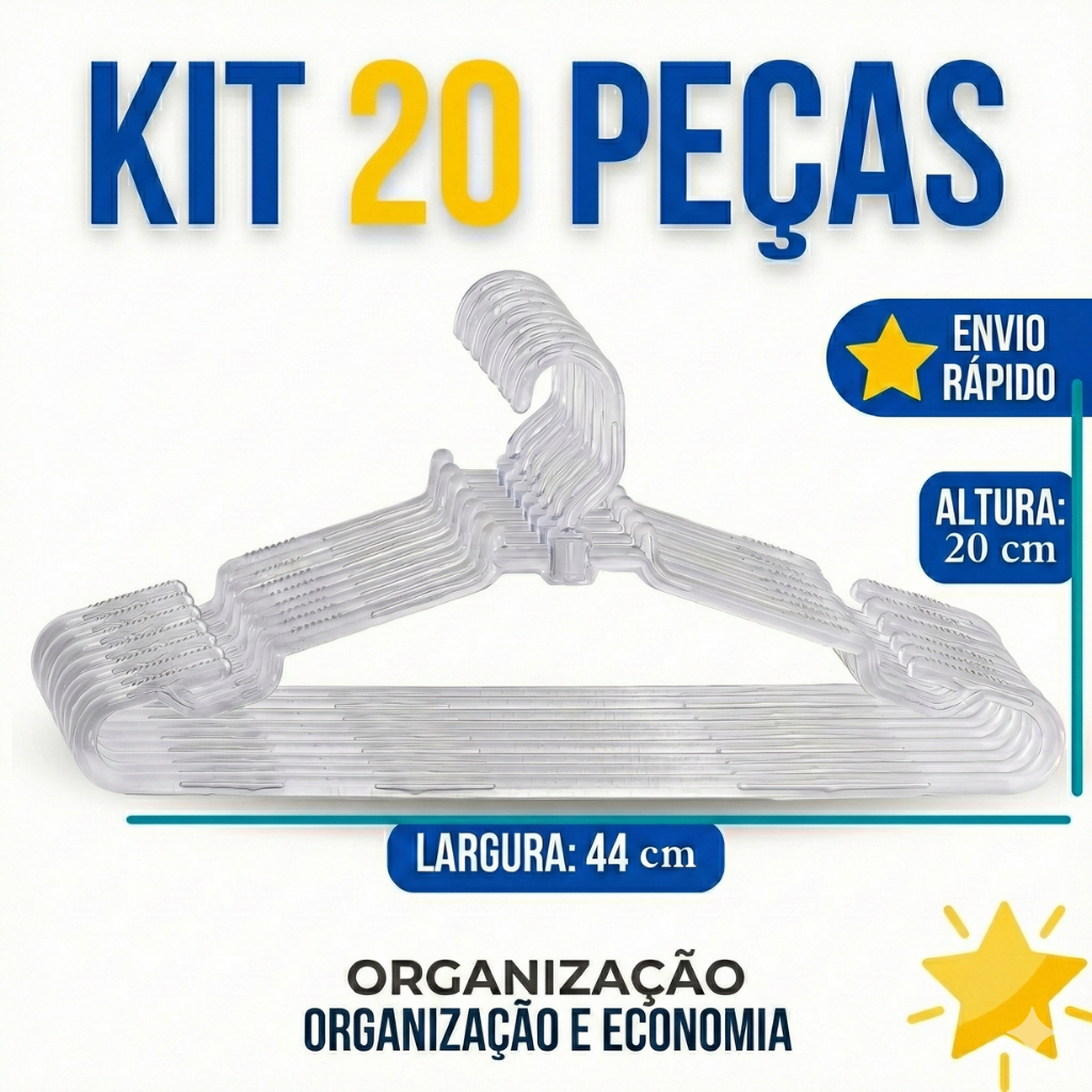 🔥 Kit 20 Cabides Acrílico Transparente Reforçado Adulto 44cm Tradicional P/ Loja e Closet - Kit Atacado