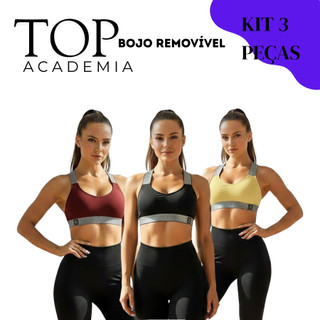 Top Feminino Academia Poliamida com Bojo Removível Elástico Exposto Confortável Fitness KIT 3 PEÇAS