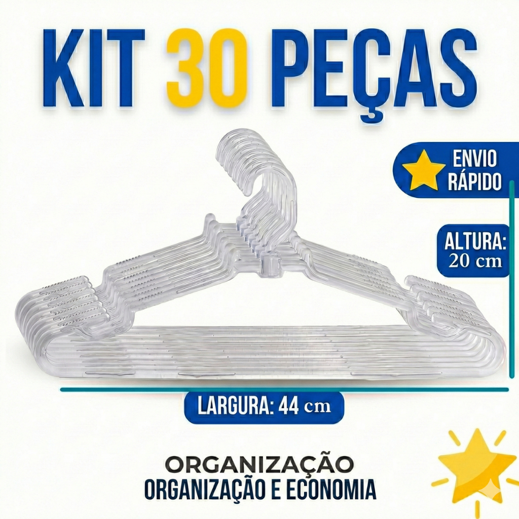 🔥 Kit 30 Cabides Acrílico Transparente Reforçado Adulto 44cm Tradicional P/ Loja e Closet - Kit Atacado