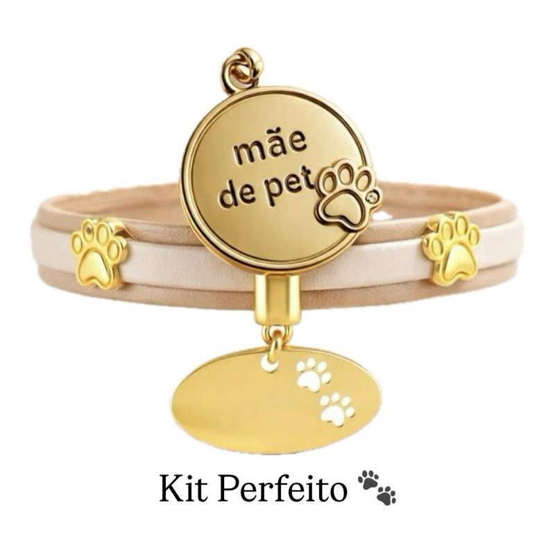 kit Pet Conjunto Pingente Mãe de Pet + Coleira Com Pingente Dourado Personalizado Presente Pet Lover