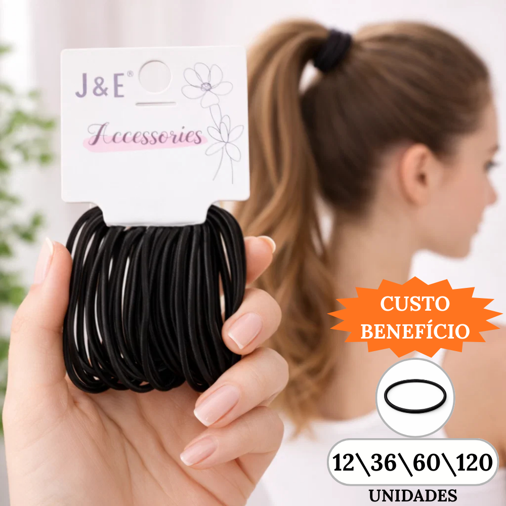 Kit Elástico de Cabelo Preto Fino Básico 3mm 12 36 60 120 Unidades Alta Elasticidade e Reforçado