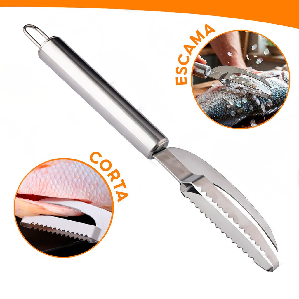 Faca Escamador de Peixe Aço Inox 2 em 1 Corta Limpa Remove Escamas Rápido Utensílio Profissional