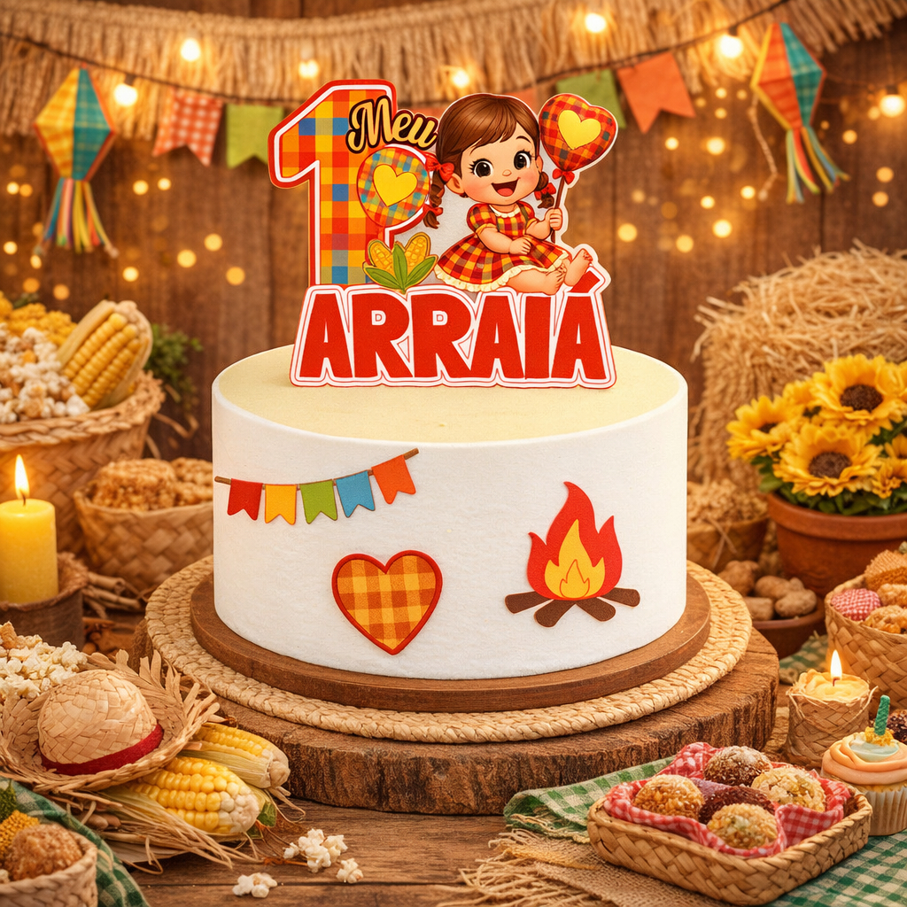 Topo de Bolo Festa Junina Personalizado l Arraiá Menina – Topper Papel Fotográfico