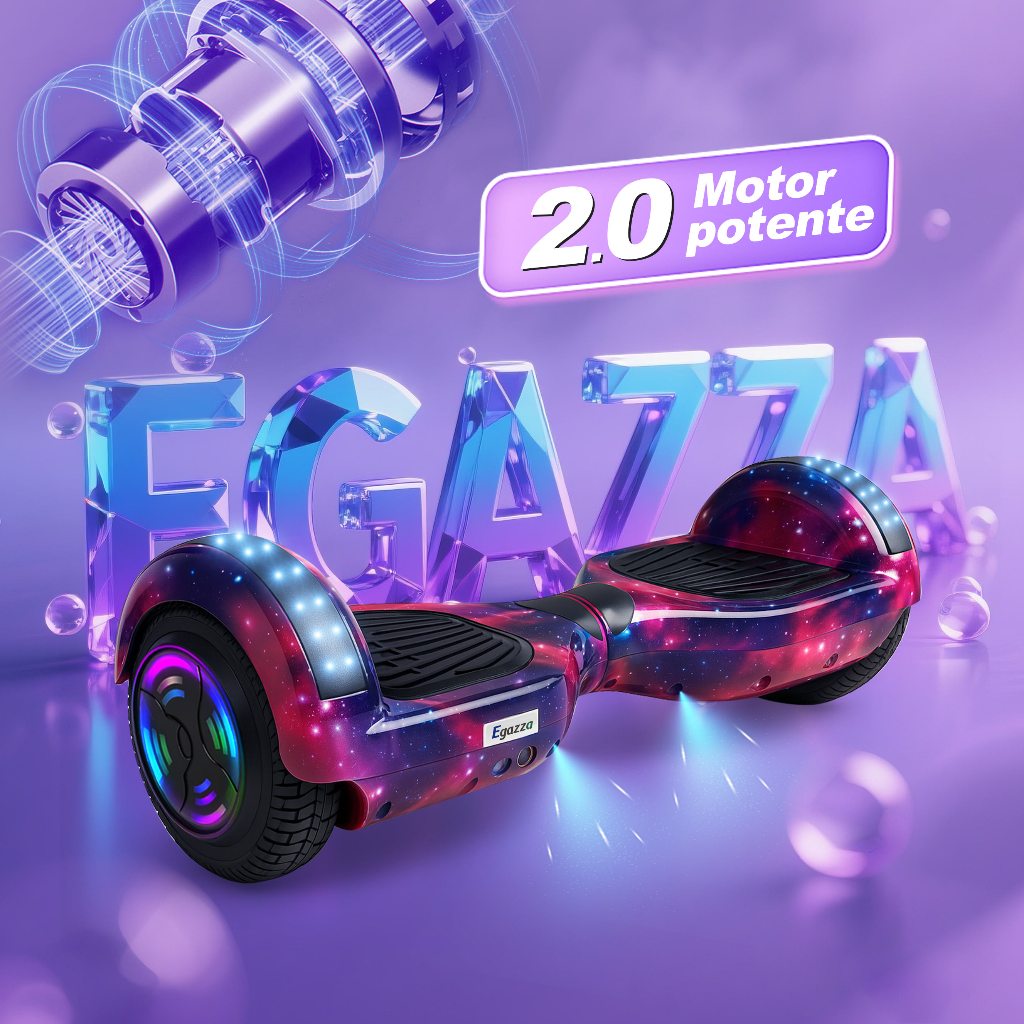 Egazza Hoverboard infantil Overboard Skate Elétrico 6,5' Polegadas com Luz LED e Bluetooth Roxo Galaxy/Rosa Camuflado