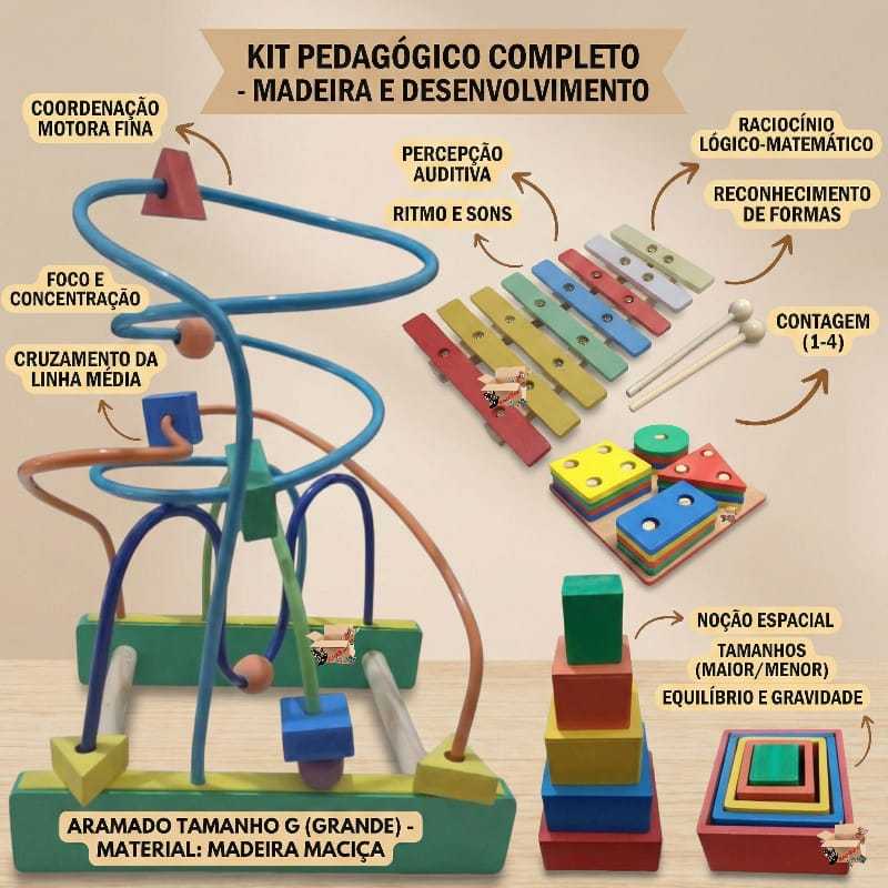 Kit Brinquedo Pedagógico Educativo Em Madeira Aramado G + Prancha Seleção + Xilofone + Cubo Encaixe em Oferta na Shopee