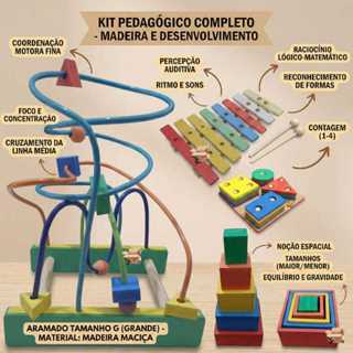Kit Brinquedo Pedagógico Educativo Em Madeira Aramado G + Prancha Seleção + Xilofone + Cubo Encaixe em Oferta na Shopee