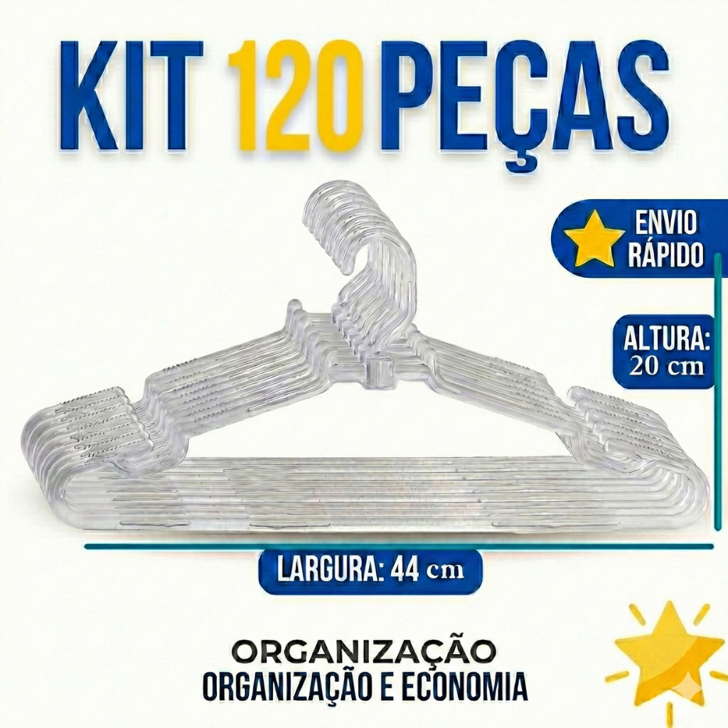 🔥 Kit 120 Cabides Acrílico Transparente Reforçado Adulto 44cm Tradicional P/ Loja e Closet - Kit Atacado