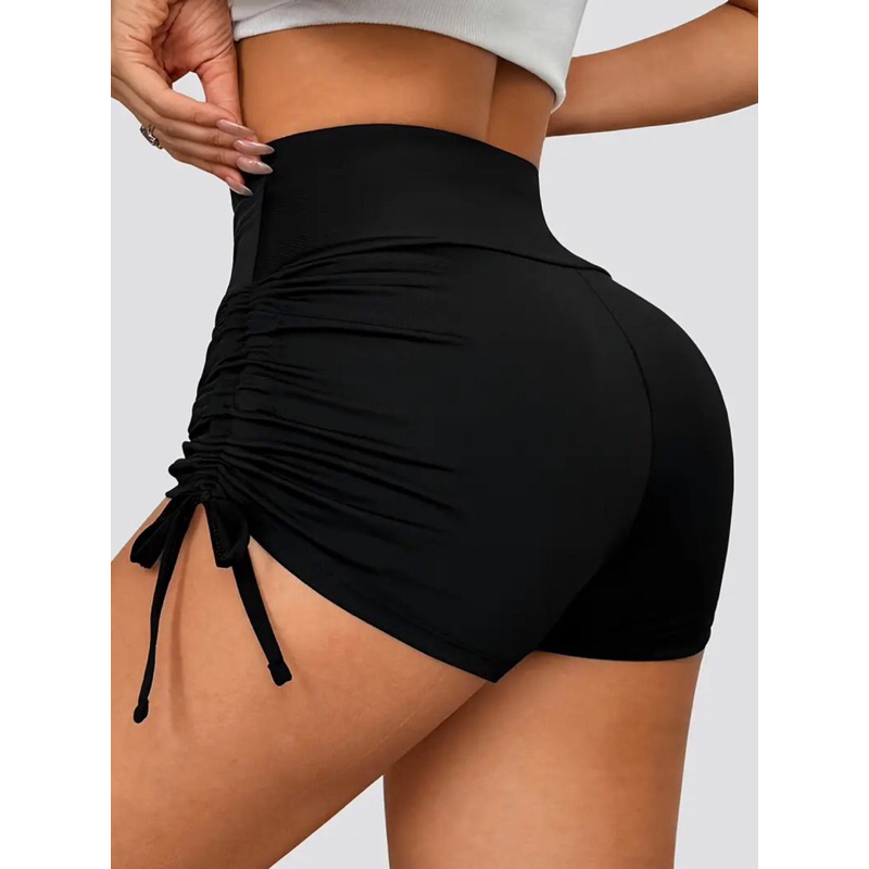 Short cordão na lateral franzido cos alto moda academia e praia suplex grosso zero transparência