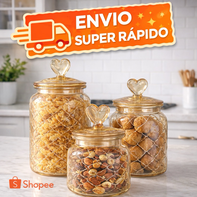 Pote Hermético Coração Vidro 600/900/1250ml Tampa Âmbar / Armazenamento Cozinha / Jogo Kit Conjunto