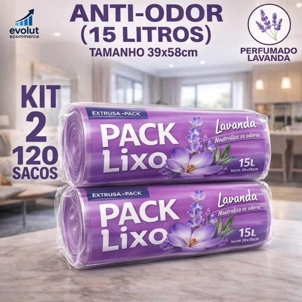 Saco de Lixo 15 Litros Perfumado Lavanda Anti-Odor – Kit 2 Rolos com 120 Sacos