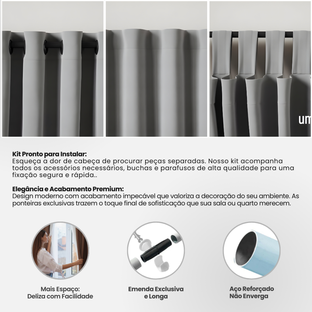 Kit Varão Para Cortina 2 Metros 28mm Grosso Reforçado Aço Completo - Não Entorta