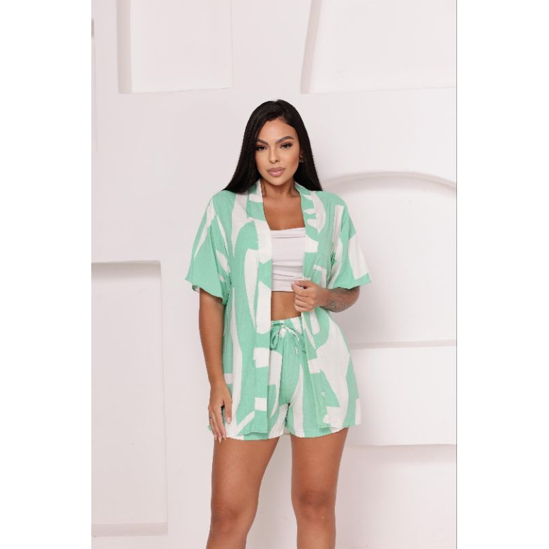 Conjunto Kimono duas peças Short e Blusa viscolinho