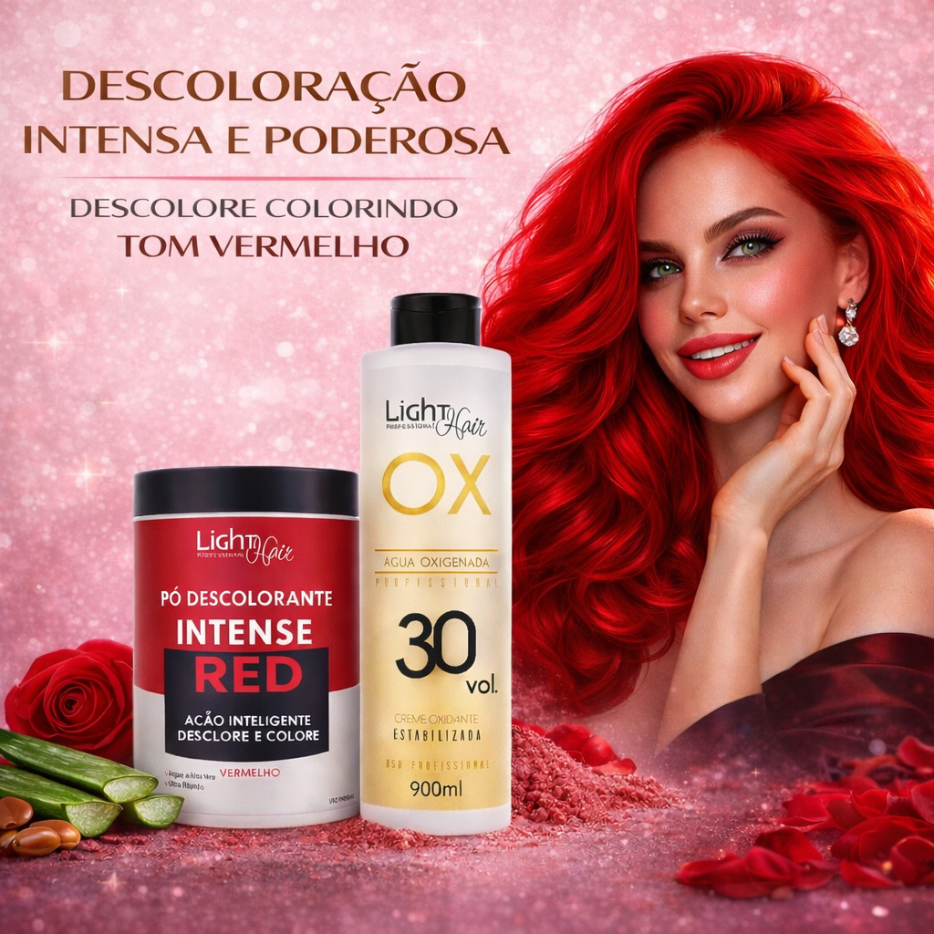 Kit Descolorante Vermelho Intense Red + OX 30 Vol Light Hair - Light Hair em Oferta na Shopee