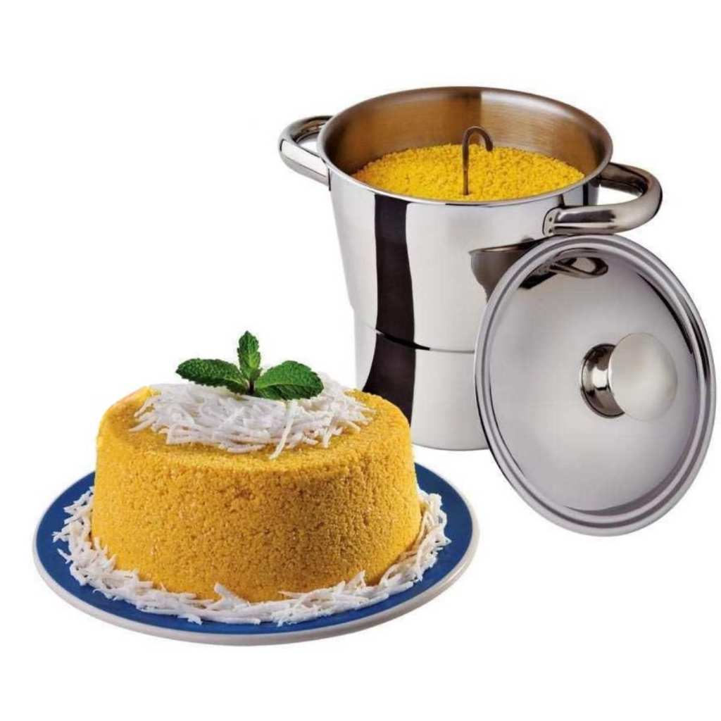 Imagem Panela Cuscuzeira nordestina grande aço Inox família tamanho 16cm fogão elétrico Indução e à gás