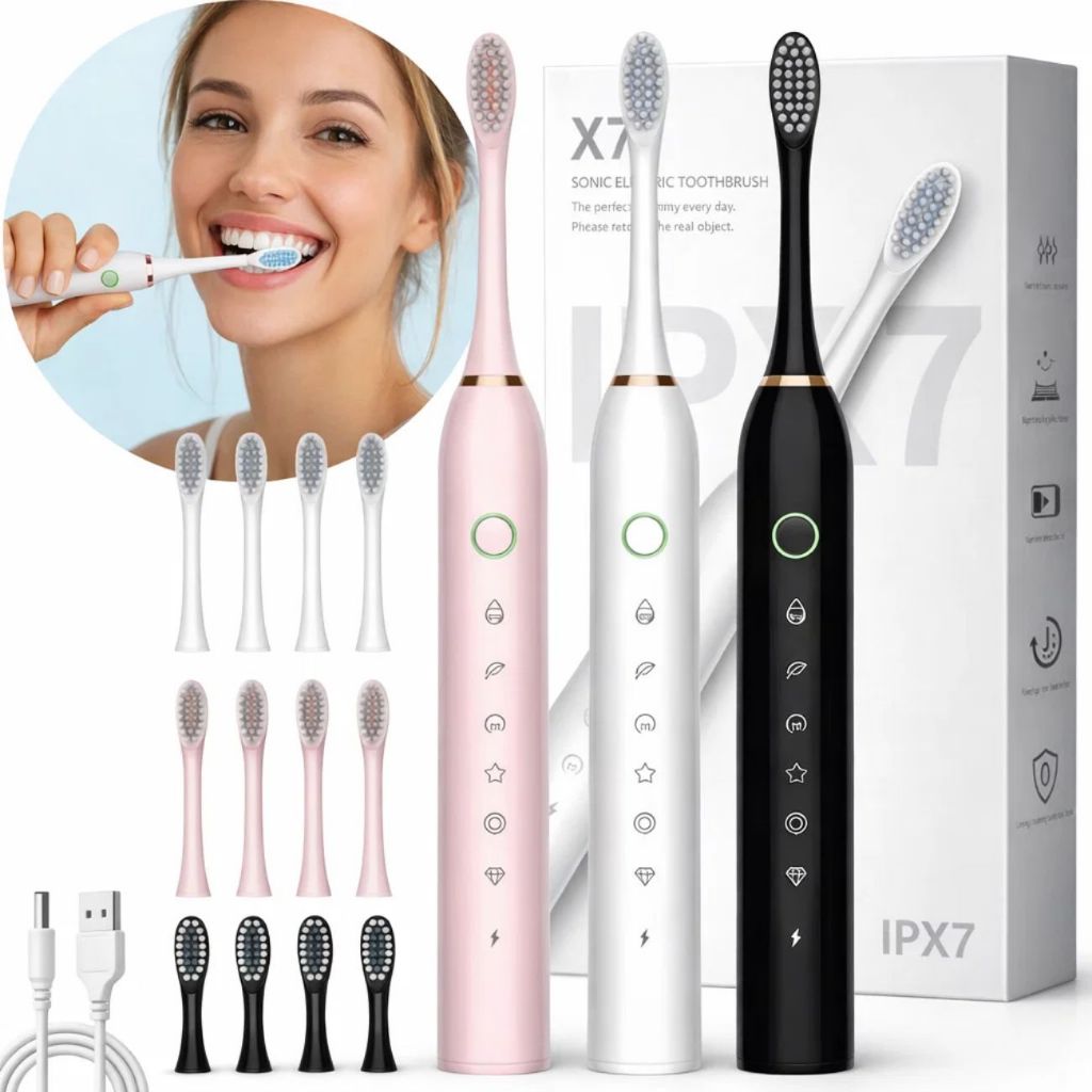 Escova De Dentes Elétrica Recarregável Sonic IPX7 Com Cabo Cor Branco Preto Rosa Com 4 Cabeças em Oferta na Shopee