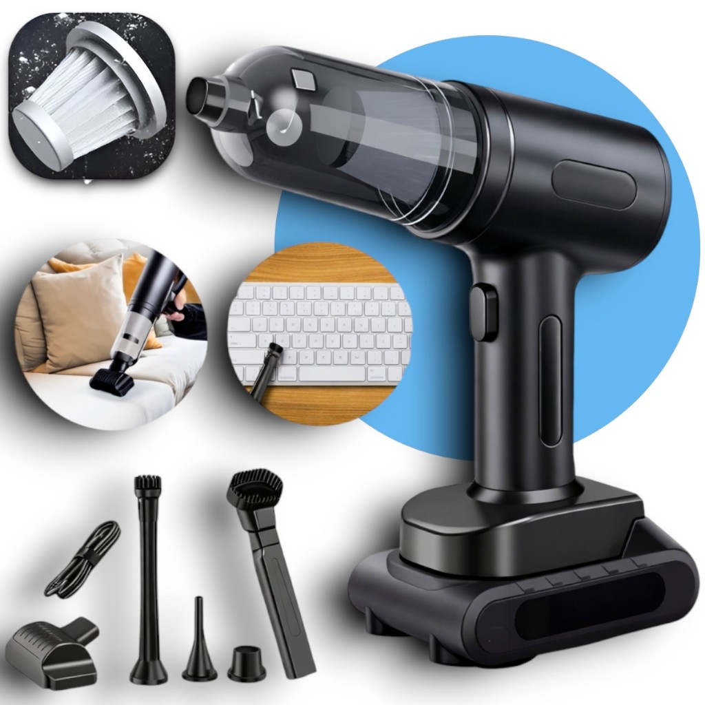Aspirador e Soprador Portátil 7 em 1 Alta Potência Multifuncional para Limpeza Completa Para Carro Recarregável Sem Fio