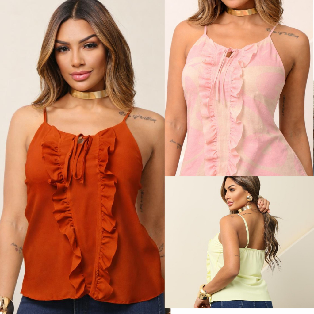 blusa femenina soltinha tecido crepinho de Alcinha com Babados e Amarração Frontal