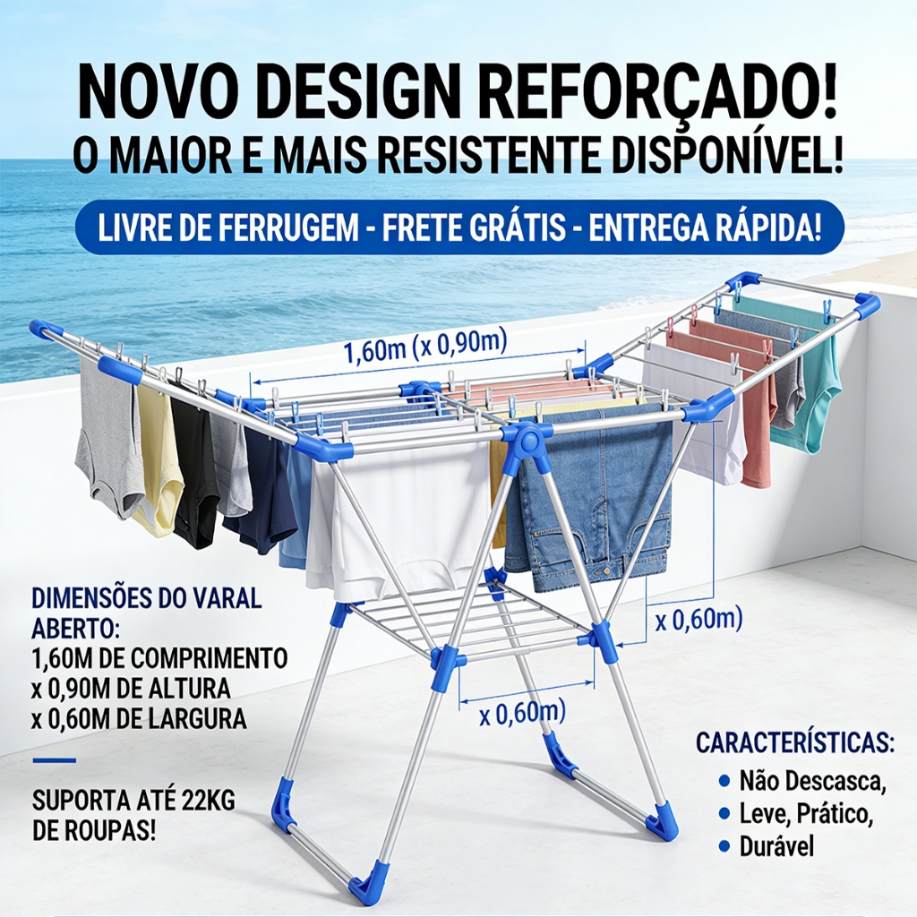 Varal P/ Roupas De Chão 100% Alumínio Grande Reforçado Com Abas Dobrável Retrátil Resistente em Oferta na Shopee