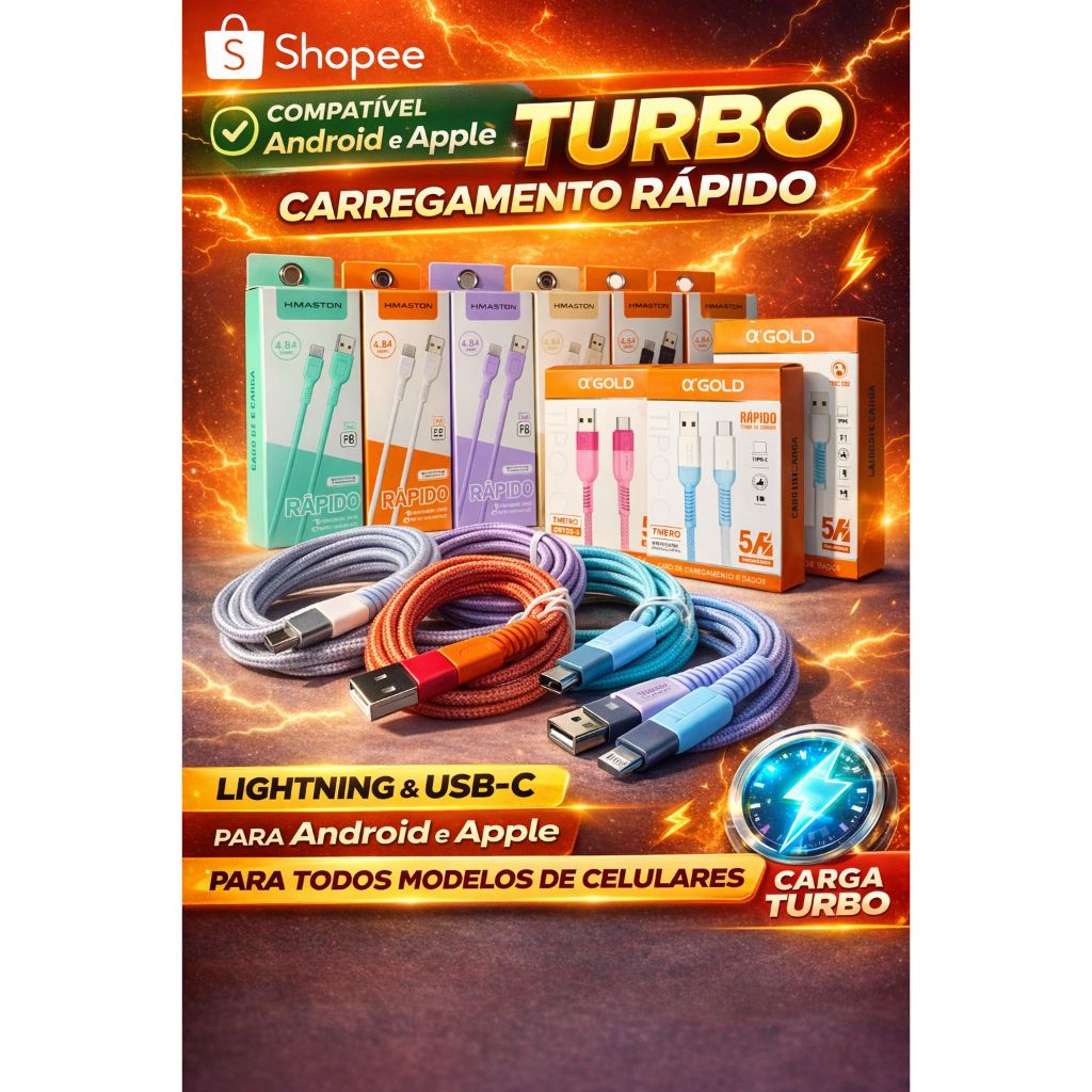 Cabo V8/Lightning iphone/Tipo C Android e Apple new geração/USB Turbo 5A/Dados e Carregamento 1M ORI