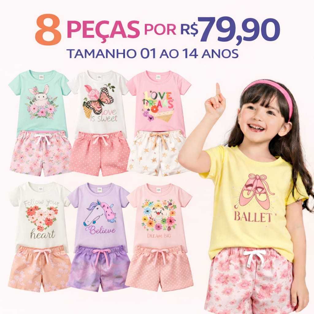Kit 8 Peças 4 Conjuntos Verão Menina Infantil e Juvenil Tamanho 01 ao 16