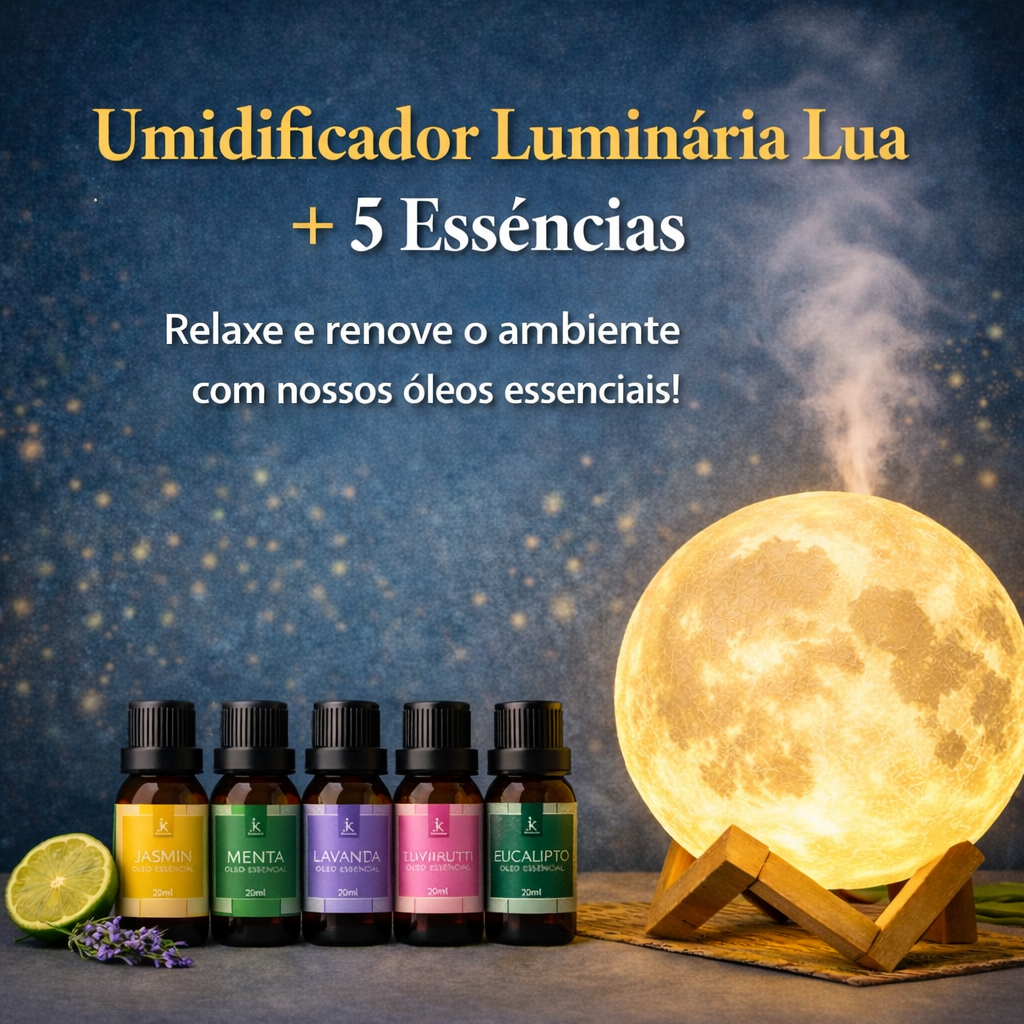 Umidificador de Ar e Luminária Lua LED Aromatizador + 3 Óleos Essenciais 3em1 Difusor de Ar