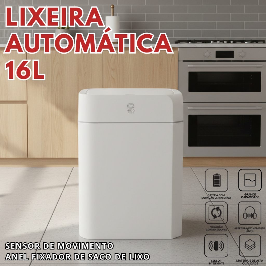 Lixeira Automática Sensor Inteligente de Banheiro Cozinha Escritório Capacidade 16 Litros