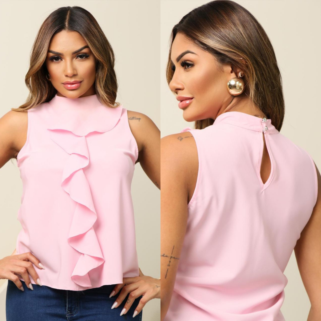 Blusa Feminina Regata Social em Crepe com Babado Frontal – Gola: Alta com botão na parte de trás em Oferta na Shopee