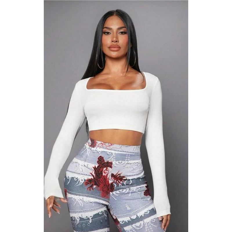 Cropped Manga Longa Gola Quadrada Tendência Inverno Gola Quadrada Cropped Manga Comprida Moda Inverno
