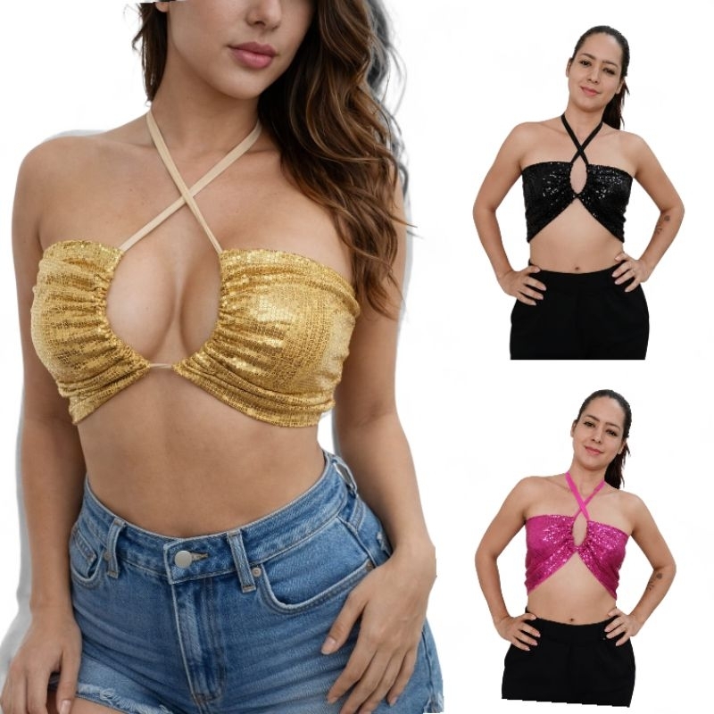 Blusa de paitê cores variadas, croped de paitê de amarração, mult funções, varias cores, forrado. em Oferta na Shopee