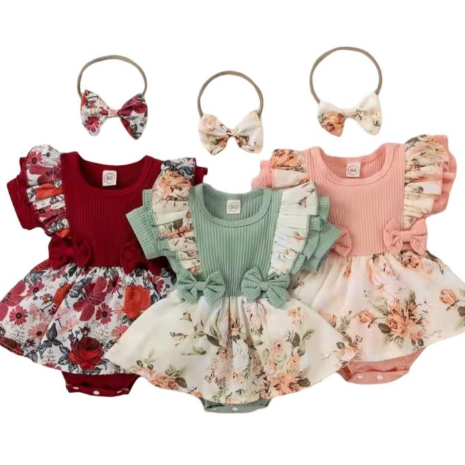 PROMOÇÃO Macaquinho Bebê Menina Romper Luxo Floral Com Tiara - Roupa Infantil Verão Blogueirinha