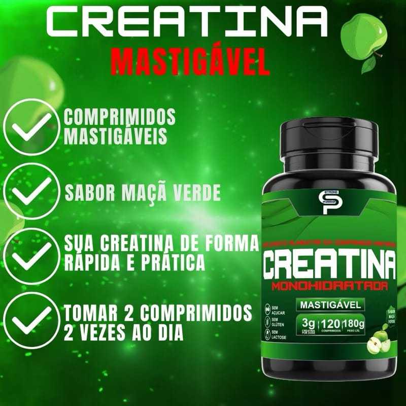 Creatina Pura Mastigável Creapure Sabor Maçã Verde 120 Comprimidos Energia Atletas 3000mg Por Dose
