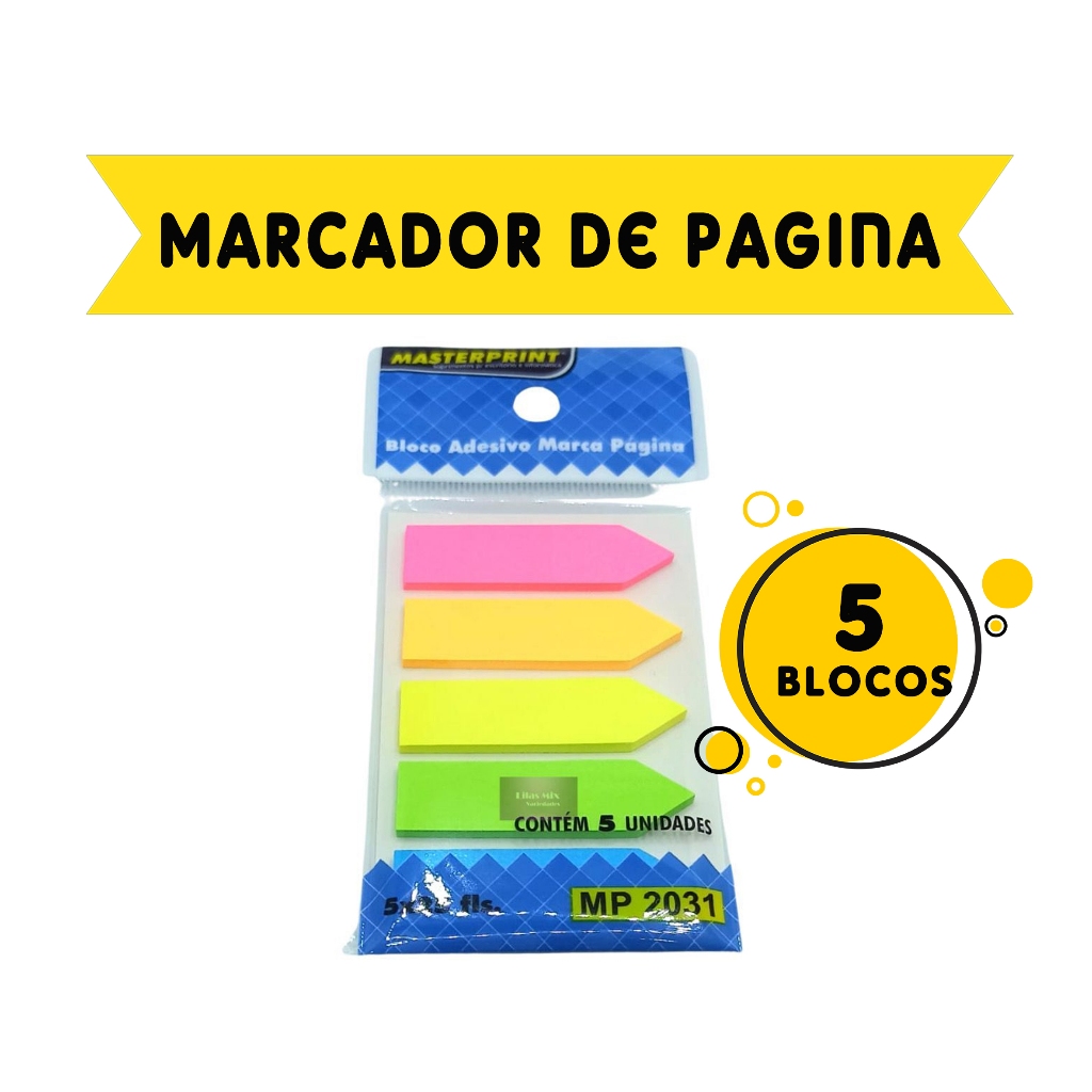 Marcador de Página Adesivo com 125 Folhas em 5 Cores Vibrantes