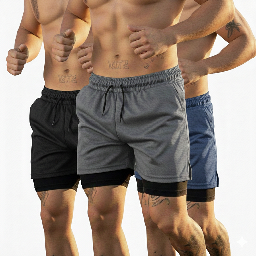 Kit 3 Shorts Masculinos 2 em 1 para academia com bolso interno em Oferta na Shopee