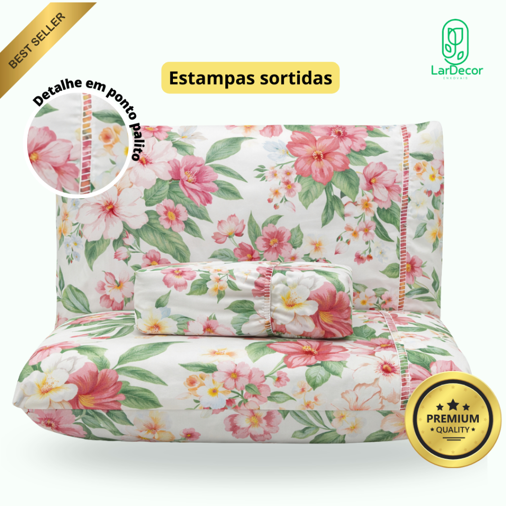 Kit Lençol Cama King Micropercal Estampado 400 fios 03 Peças Ponto Palito Macio 2,03m X 1,93m Toque Macio Premium