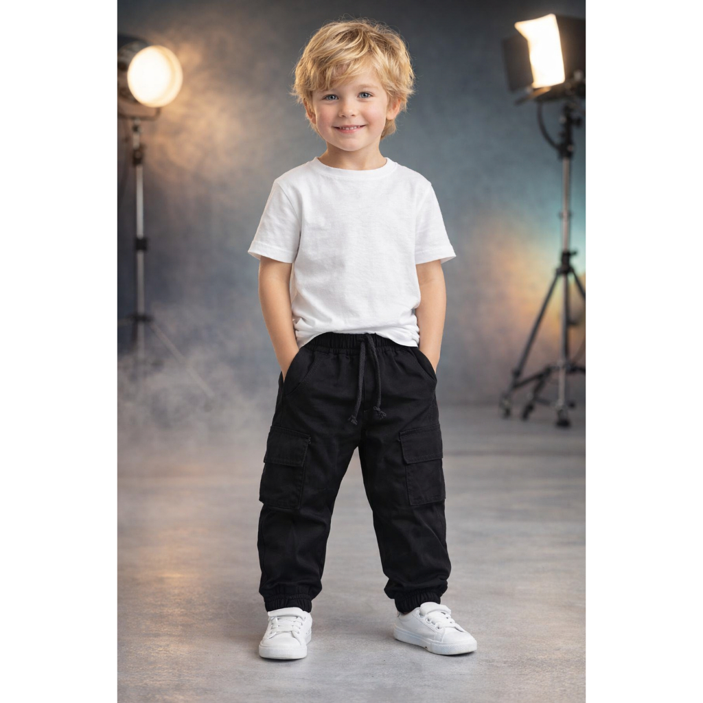 Calça Jeans Jogger cargo  Infantil com Bolsos Laterais – Estilo e Conforto para os Pequenos