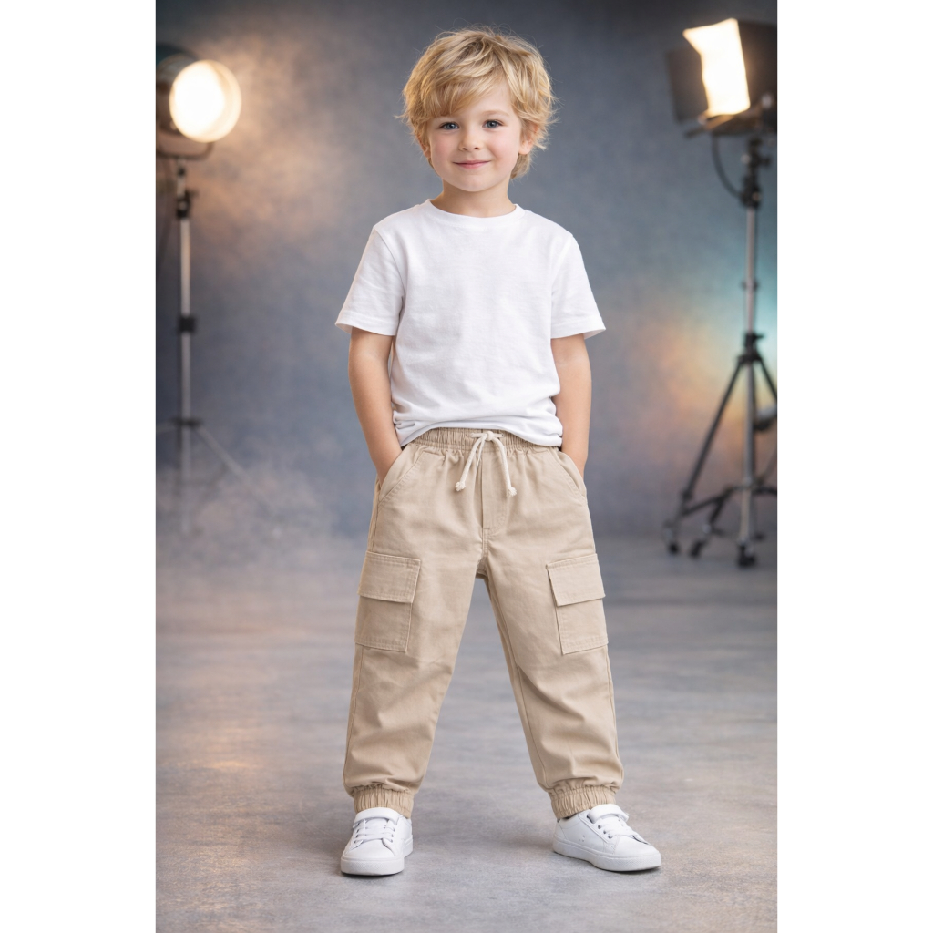 Calça Jeans Jogger cargo cor caqui  Infantil com Bolsos Laterais – Estilo e Conforto para os Pequenos