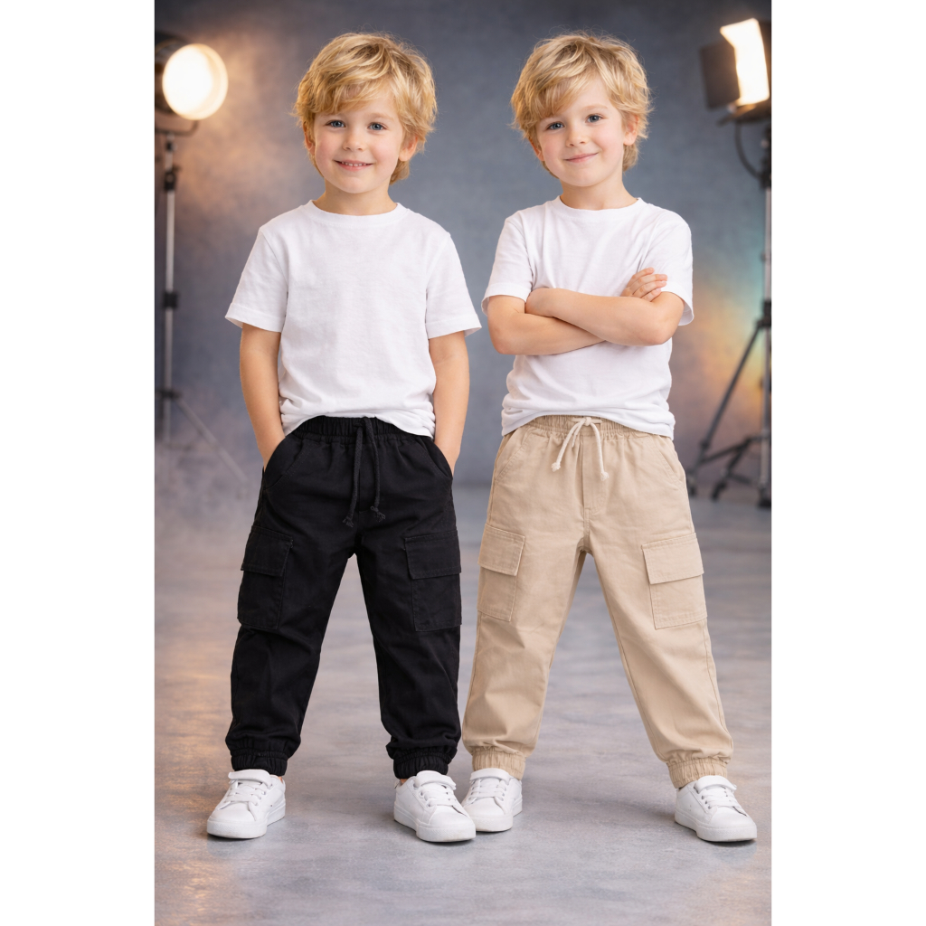 Kit 2 Calças Cargo Infantil Jogger | Cintura Elástica e Bolsos Laterais Moda Jogger menino