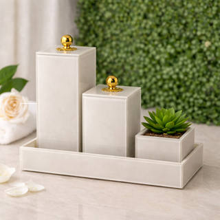 Kit Lavabo 4 Peças em Vidro Porta Escova Com Tampa + Porta Cotonete + Arranjo decorativo  e Bandeja Luxo Para Banheiro em Oferta na Shopee