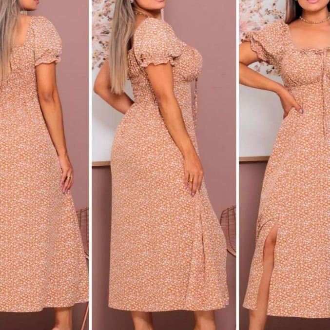 Vestido feminino camponesa Mídi com Manguinha e Elastex