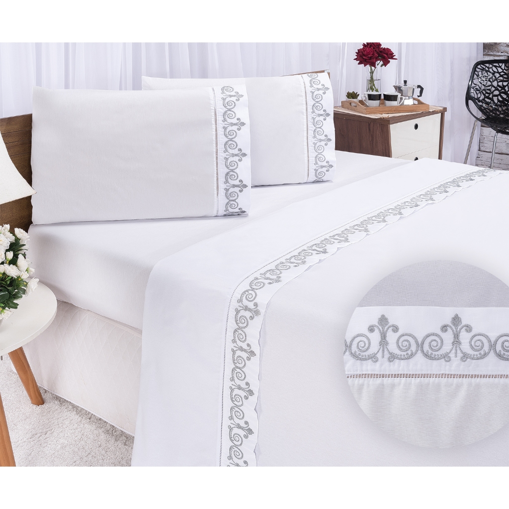 Jogo de Lençol Bordado para Cama Casal Queen Percal 400 Fios Toque de Algodão 4 peças