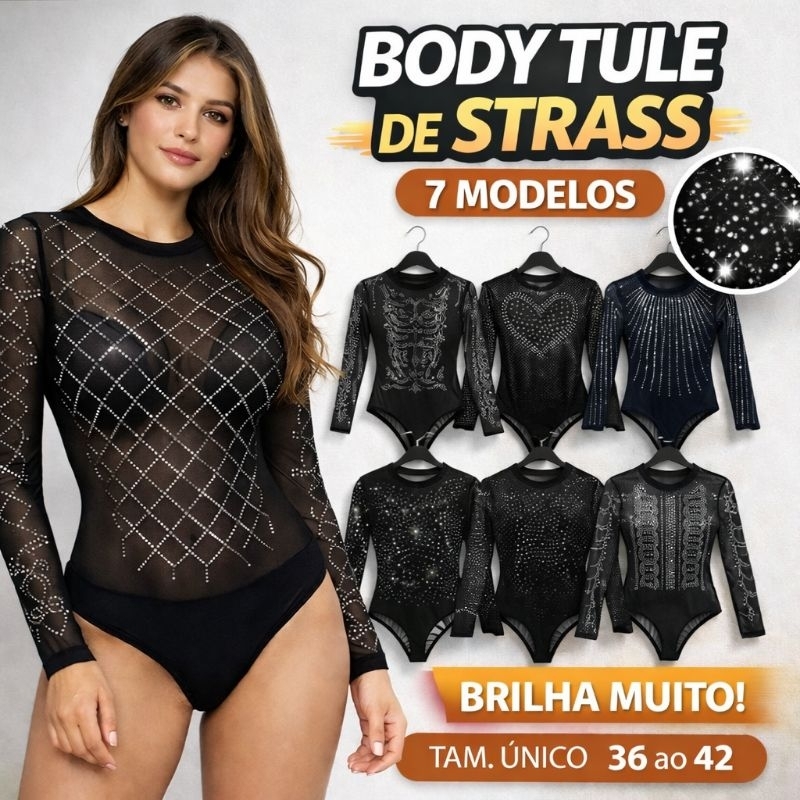 Body Tule Preto Transparente com Strass Manga Longa Segunda Pele 9 Modelos Brilho Festa Balada Tam Único 36-42