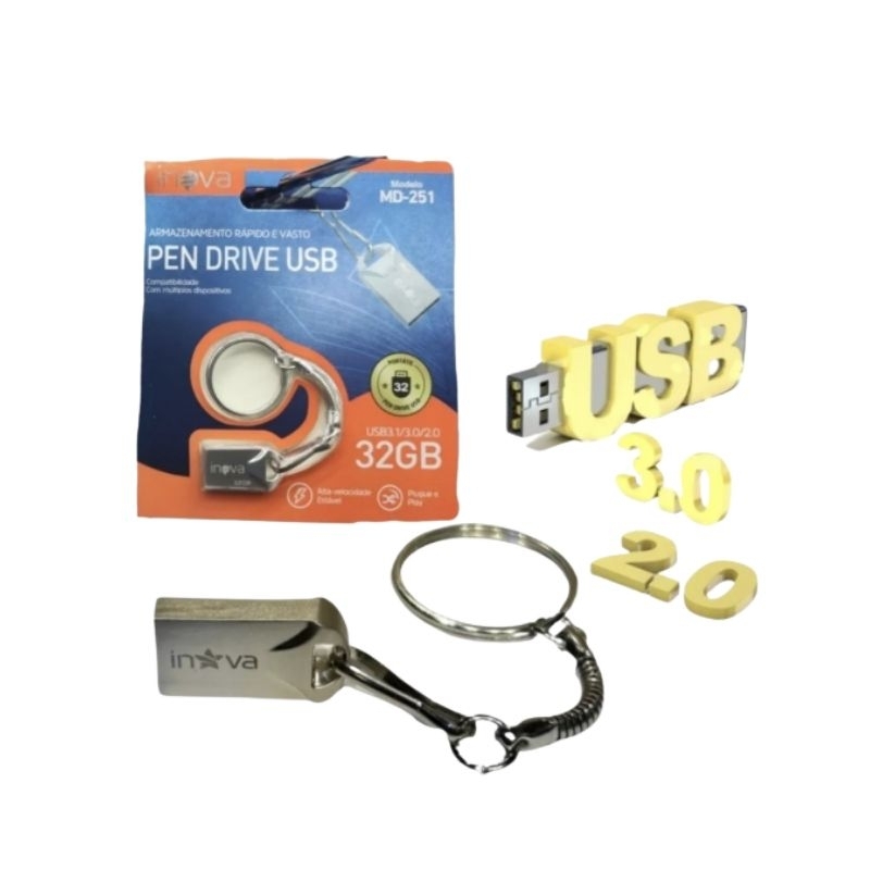 Pen Drive Armazenamento 32GB USB Chaveiro Compacto Portátil