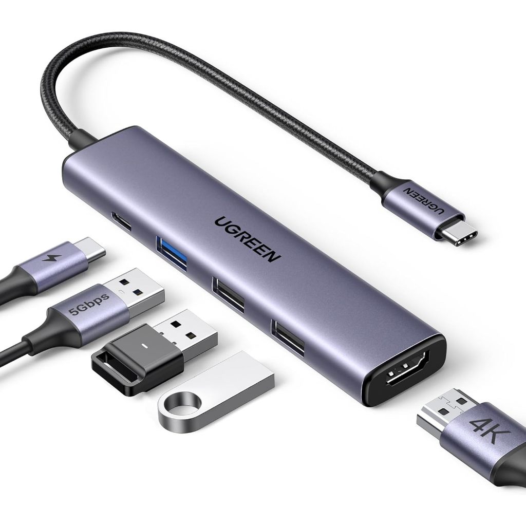 USB C Hub 5 em 1 adaptador multiporta 4K HDMI, fornecimento de energia de 100 W, 3 portas de dados USB-A, dongle USB C p