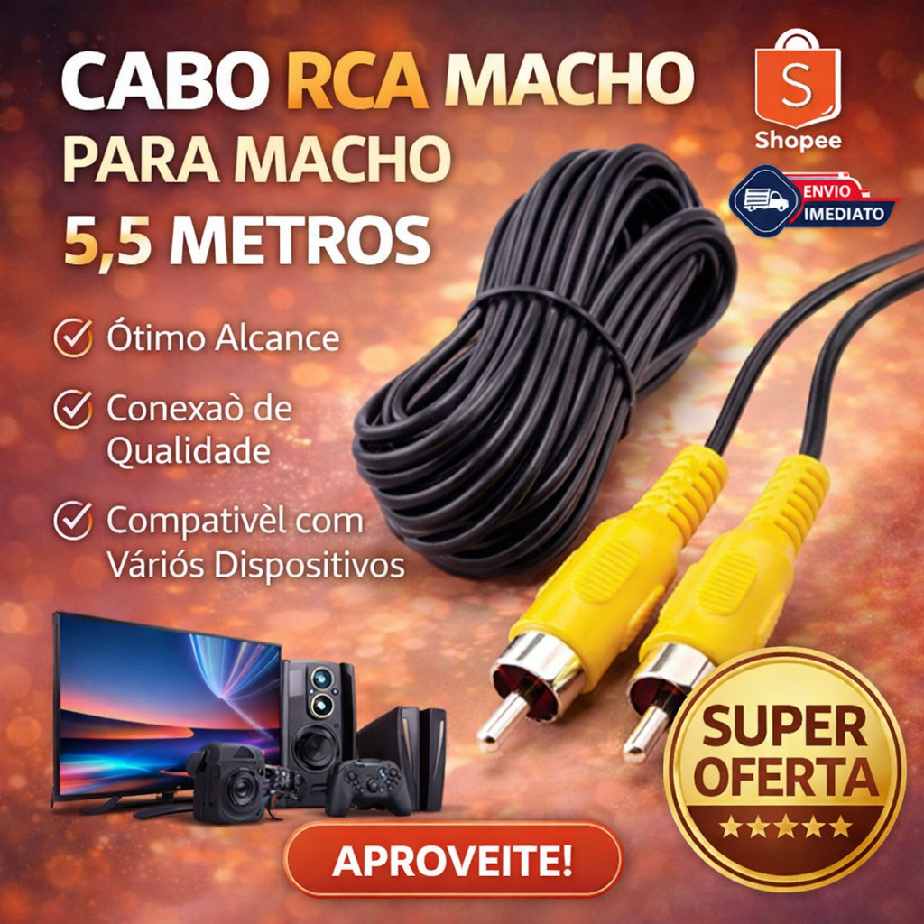Cabo Auxiliar RCA 5,5m Áudio e Vídeo 🎧📺 2 Entradas Macho Qualidade Premium Som Imagem 🚚🇧🇷