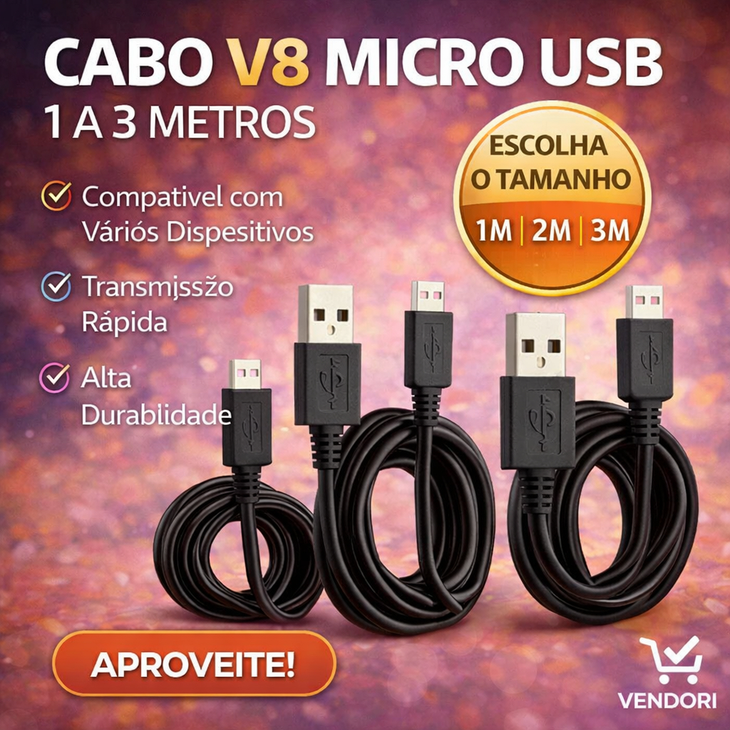 Cabo Micro USB V8 Carga Turbo ⚡🎮 Resistente Alta Durabilidade 1m 2m 3m Qualidade Surpreendente 🚚🇧🇷