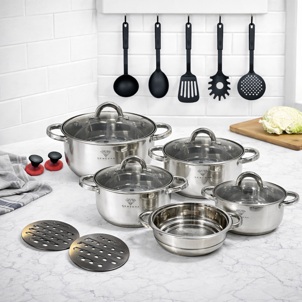 Jogo de Panelas 19 Peças Aço Inox Genebra + Acessórios com Fundo 9 Camadas para Indução ou Gás